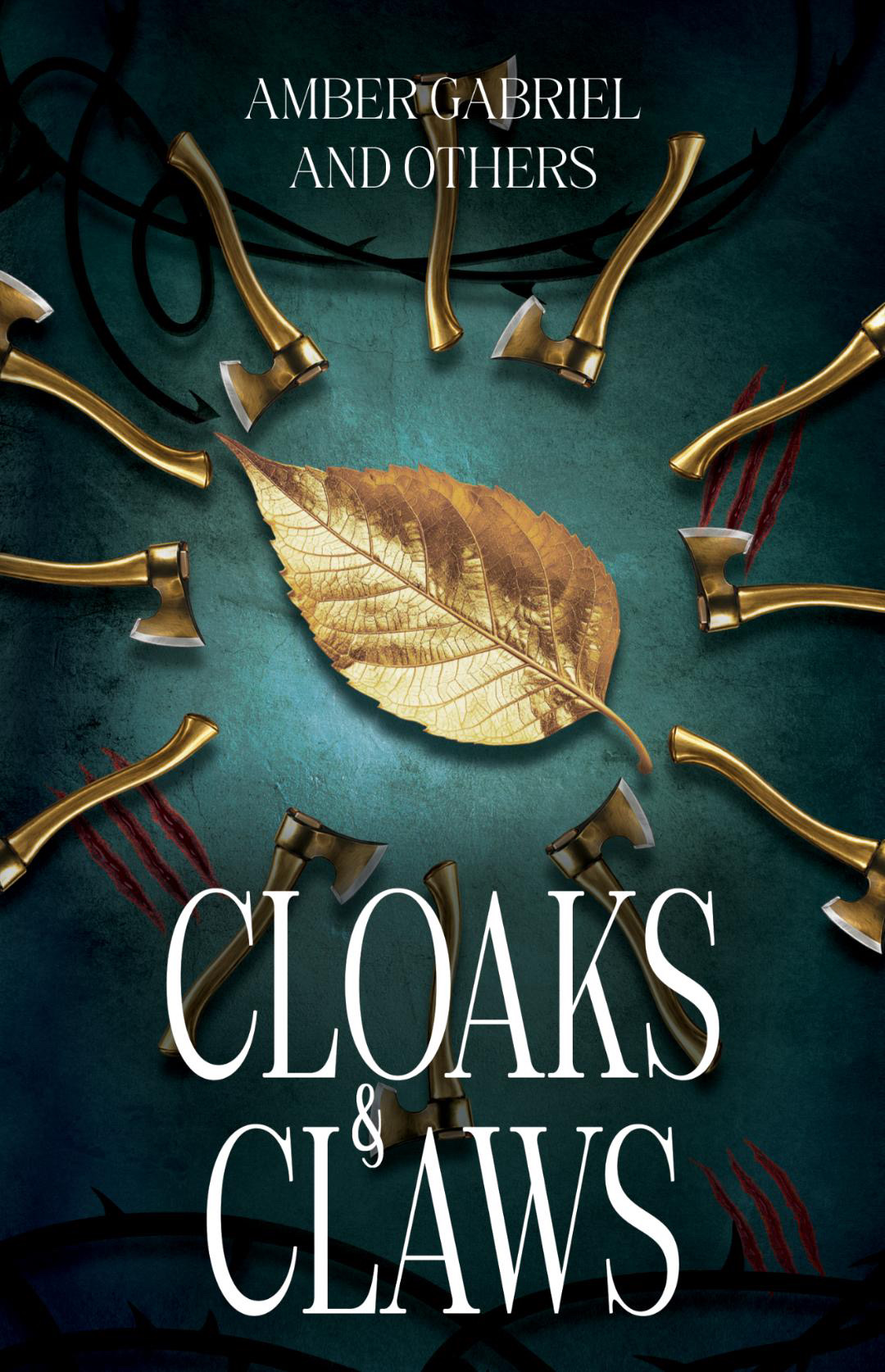 book cover for Cloaks & Claws. A gold leaf is in the center and it's surrounded by axes and claw marks in a circle